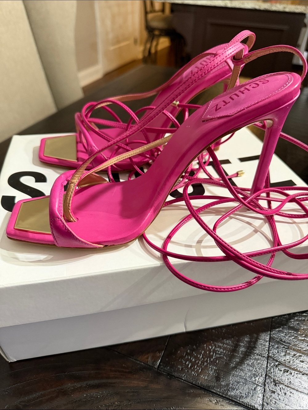 SCHUTZ Hot Pink Strappy High Heel Sandals with Gold Accent - Picture 2 of 6